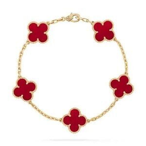 18K Gold Van Cleef & Arpels Style Alhambra Bracelet Red Carnelian Inlay 19cm Lux